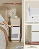 A person's hand is shown reaching for a drawer of a narrow bedside table next to a bed. The bedside table has a light wood finish and white drawers. The image also includes close-up shots highlighting features of the bedside table. Produktbild-Vorschau