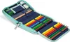An open pencil case filled with colored pencils, a ruler, an eraser, and a sharpener. Produktbild-Vorschau