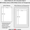 Diagrams showing how a DIN A4 poster fits into DIN A4 and DIN A3 frames with passepartout, along with product feature descriptions. Produktbild-Vorschau