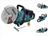 A Makita battery-powered cut-off saw is displayed on a white background, with several smaller images of the product shown in a collage on the right side. Voir les images du produit