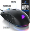 A close-up, angled view of a black gaming mouse with colorful RGB lighting, featuring callouts and text describing its features. Anteprima dell’immagine prodotto