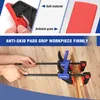 Close-up of hands using WORKPRO clamps on wooden planks, with inset images highlighting product features. Voir les images du produit