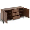 A brown wooden sideboard with two doors and three drawers, shown from a diagonal angle with the doors and drawers open. Anteprima dell’immagine prodotto