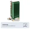 A green oil-filled radiator with wheels, shown in a studio setting with a light gray and white background. Dimensions are displayed below the product. Náhled obrázku produktu