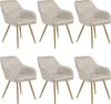 Six beige upholstered dining chairs with gold legs are arranged in two rows of three against a white background.