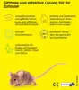 A yellow background with text and icons describing the features of a pest repeller, along with an illustration of a mouse. Produktbild-Vorschau