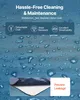 A marketing image with text overlays and icons describing product features, set against a background of water droplets. Anteprima dell’immagine prodotto