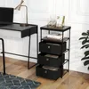 A narrow storage cabinet with three fabric drawers sits next to a desk with a laptop and a lamp. Náhled obrázku produktu