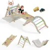 A collage of images showing a wooden climbing structure for children, including a slide, climbing triangle, and rocking arch, with children playing on it and toy cars. Podgląd zdjęcia produktu