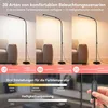 A floor lamp is shown in three different lighting scenarios, with text overlays explaining features and settings. Produktbild-Vorschau