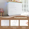 A collage of images showing a white high-gloss dresser with LED lighting, and close-ups of product features like waterproofing, anti-tip hardware, and adhesive pads. Podgląd zdjęcia produktu