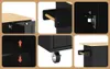 Collage of close-up shots showcasing different features of a black kitchen cart with a wooden top. Voir les images du produit