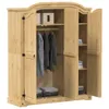 A wooden wardrobe with its doors open, showing clothes and folded towels inside. Produktbild-Vorschau