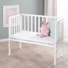 A white crib with a mattress, a pink stuffed bunny, and a light blue patterned pillow inside. A framed picture of a cloud is on the wall behind the crib. Produktbild-Vorschau