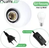 Collage of product components for an E27 lamp holder with a plug, switch, and bulb. Produktbild-Vorschau