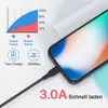 A close-up of a black braided USB-C charging cable plugged into a smartphone, with a charging speed graph and feature icons in the background. Produktbild-Vorschau