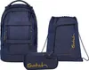 A set of three denim-blue school bags, including a backpack, a drawstring bag, and a pencil case, displayed against a white background. Voir les images du produit
