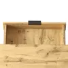 An open drawer of a wooden table with a black handle. Produktbild-Vorschau