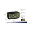 A digital alarm clock with feature callouts and dimensions. Náhled obrázku produktu