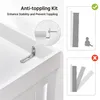 An illustration showing how to install an anti-toppling kit for furniture, with a diagram demonstrating correct and incorrect installation. Produktbild-Vorschau