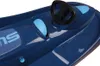Close-up view of the front of a blue plastic sled with a black steering wheel and light blue accents. Produktbild-Vorschau