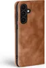 A close-up side view of a brown leather flip phone case for a Samsung Galaxy A56 5G, showing the camera cutout. Produktbild-Vorschau