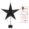 A black star-shaped lamp with cutouts, standing on a black base, with informational icons on the right. Produktbild-Vorschau