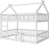 A white wooden bunk bed with a house-shaped frame, a ladder on the left, and a small door on the lower bunk. Produktbild-Vorschau