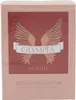 Rosa schimmernde Parfumverpackung von Olympea Intense mit goldenen Flügeln und Schriftzug auf der Vorderseite, freigestellt vor weißem Hintergrund. Náhled obrázku produktu