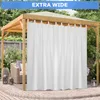 A white outdoor curtain hangs in a wooden gazebo, providing privacy and shade. The gazebo is furnished with outdoor seating and decorative lanterns, set on a paved patio. Produktbild-Vorschau