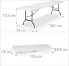 Two images showing a folding table, one extended and one folded, with dimensions indicated. Produktbild-Vorschau