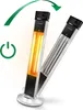 Two patio heaters are shown, one illuminated and one not, with a power symbol and a rotational arrow. Produktbild-Vorschau