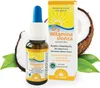 A bottle of vitamin D3 drops and its packaging, with coconut slices and leaves in the background. Anteprima dell’immagine prodotto