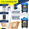 A marketing image illustrating the 3-in-1 filter system of a vacuum cleaner, showing different filter types and how they are used. Produktbild-Vorschau
