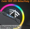 Close-up of a gaming desk with RGB LED lighting and text overlay. Produktbild-Vorschau