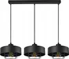A black three-light pendant lamp with metal shades and exposed bulbs, suspended from a black rectangular bar. Podgląd zdjęcia produktu