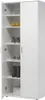A white shoe cabinet with its doors open, revealing shelves with shoes and boxes. Voir les images du produit