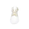A white high-top sneaker with gold laces and fur trim is shown from the front against a white background. Produktbild-Vorschau