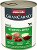A can of dog food with images of meat and apples on the label. Produktbild-Vorschau