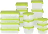 A collection of clear plastic food storage containers with green lids, arranged in stacks and rows. Náhľad obrázku produktu