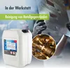 A workshop setting with a person handling metal, a container of cleaning solution, and a close-up of brass fittings. Produktbild-Vorschau