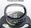A close-up view of a dark blue smartwatch case with a clear screen protector, placed over a smartwatch face displaying time and weather information. Produktbild-Vorschau