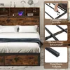 A bed frame with a headboard featuring storage shelves and a charging station, shown with close-up insets highlighting assembly features and materials. Náhled obrázku produktu