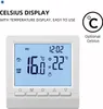 A digital thermostat display with text and icons highlighting its features. Podgląd zdjęcia produktu
