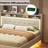 A bed with a headboard featuring a shelf and integrated lighting, with a close-up inset showing a USB charging port. Náhľad obrázku produktu