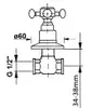 A technical drawing of a plumbing valve with dimensions indicated. Anteprima dell’immagine prodotto