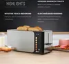 A toaster with bread inside, placed on a wooden surface with some pastries and a glass of milk nearby. The background is dark with text highlighting product features. Produktbild-Vorschau