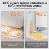 A collage of two images showing details of a cleaning robot's functions. The left side shows a close-up of mop heads in hot water, indicating 60°C washing. The right side shows a representation of hot air drying, labeled 45°C. Text overlays describe the be Produktbild-Vorschau