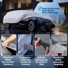 A car covered with a protective cover, with four inset images showing product features. Produktbild-Vorschau