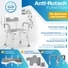 A shower chair with various features highlighted by text and graphics. Produktbild-Vorschau